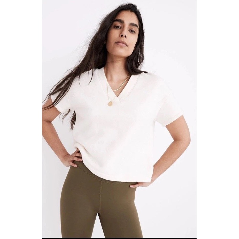 Madewell MWL Short Sleeve Sweatshirt Women Small Cream V-Neck French Terry Top